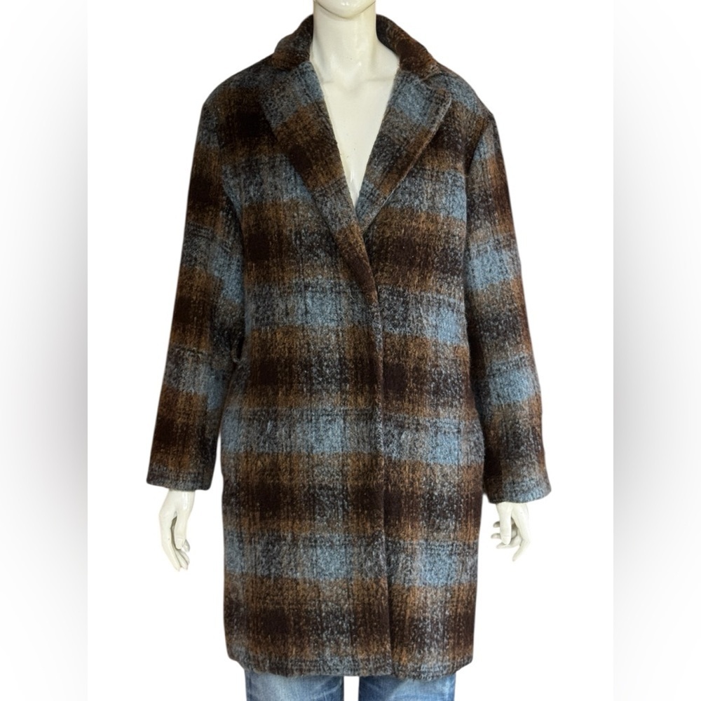 Rachel Zoe Blue and Brown Checkered Pea Coat Size Small
